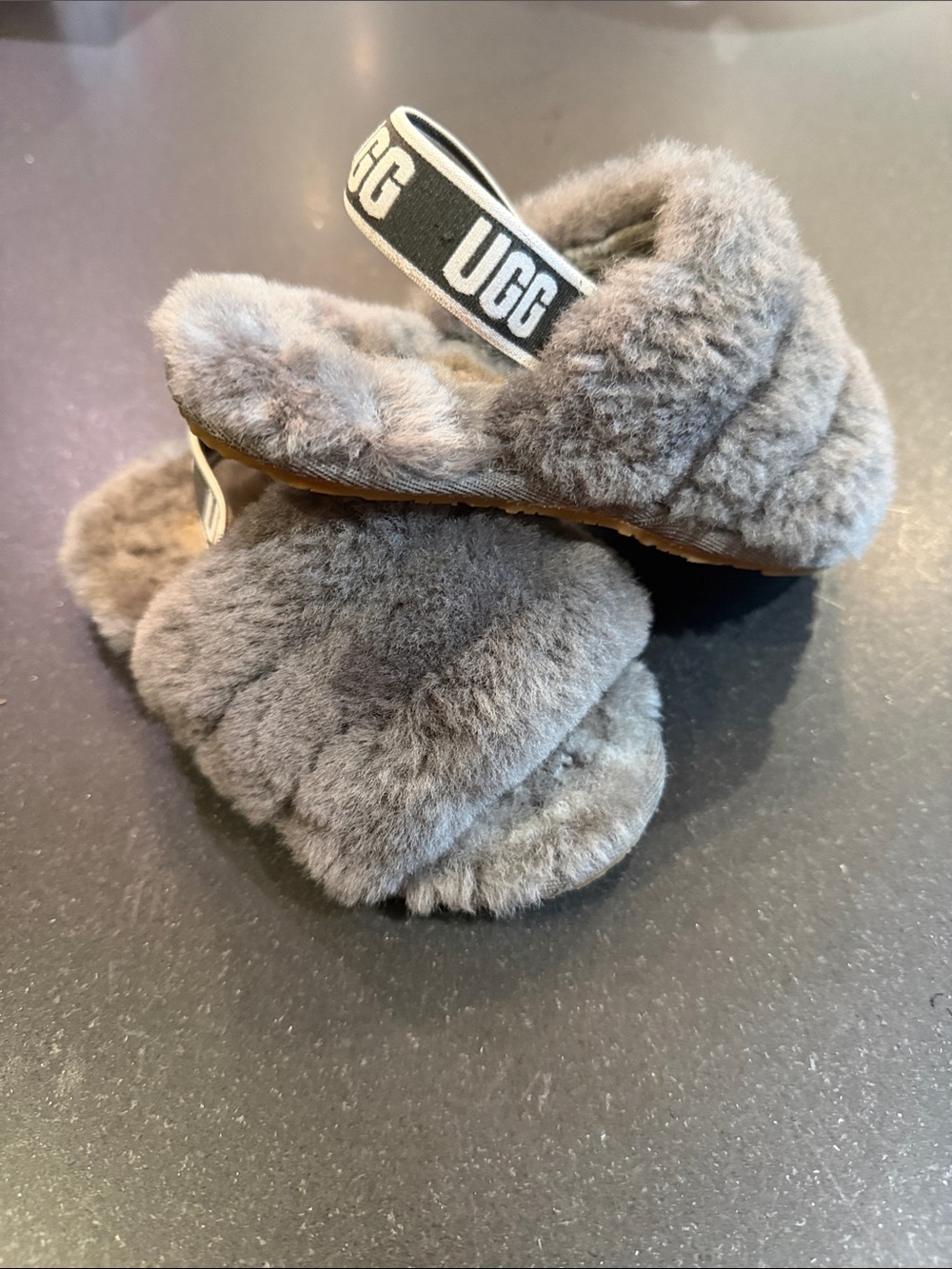 UGG Gray Fluff Slide Sandals with Branded Elastic Heel